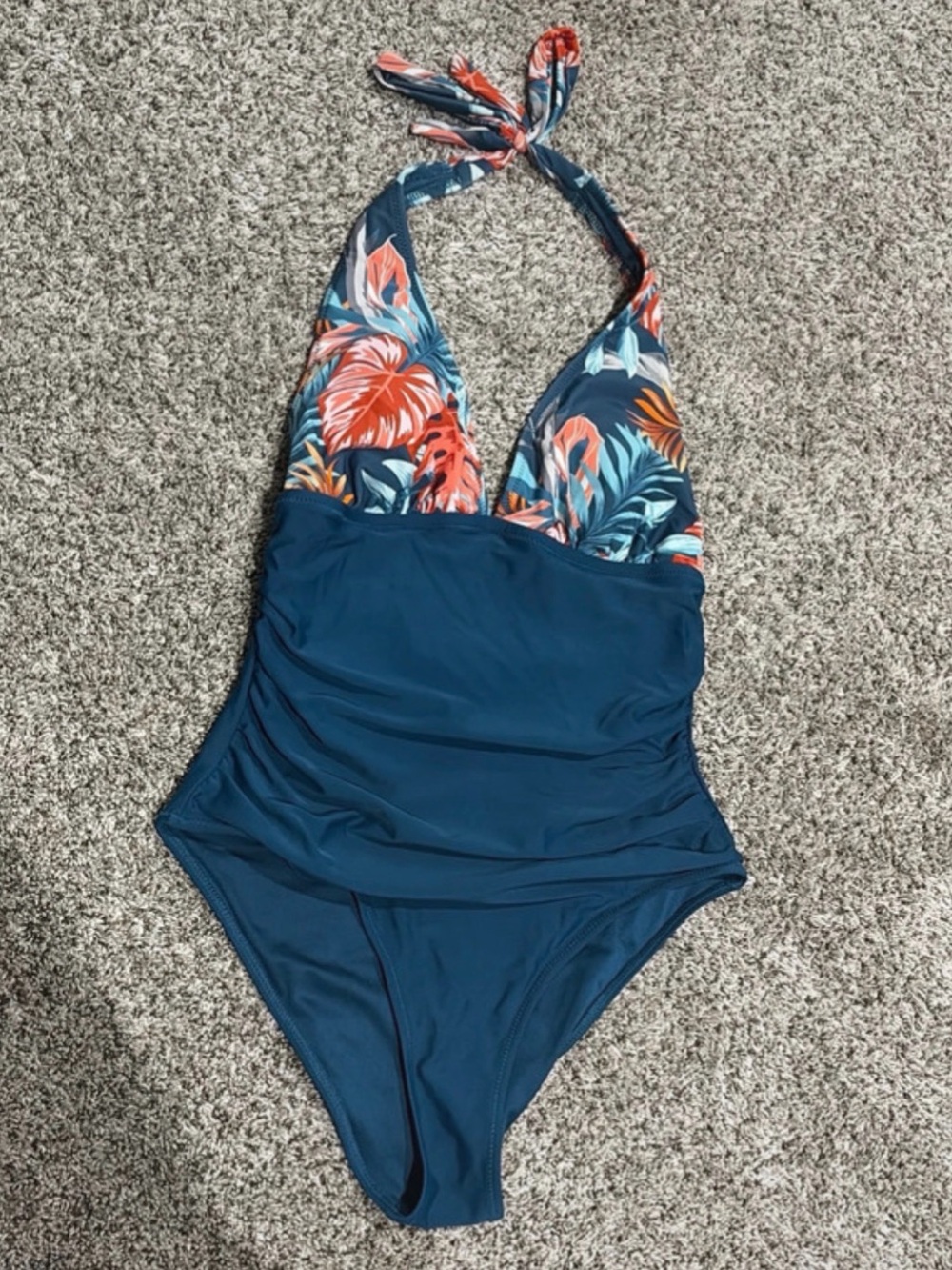 Cupshe Teal One-Piece Swimsuit with Tropical Floral Halter